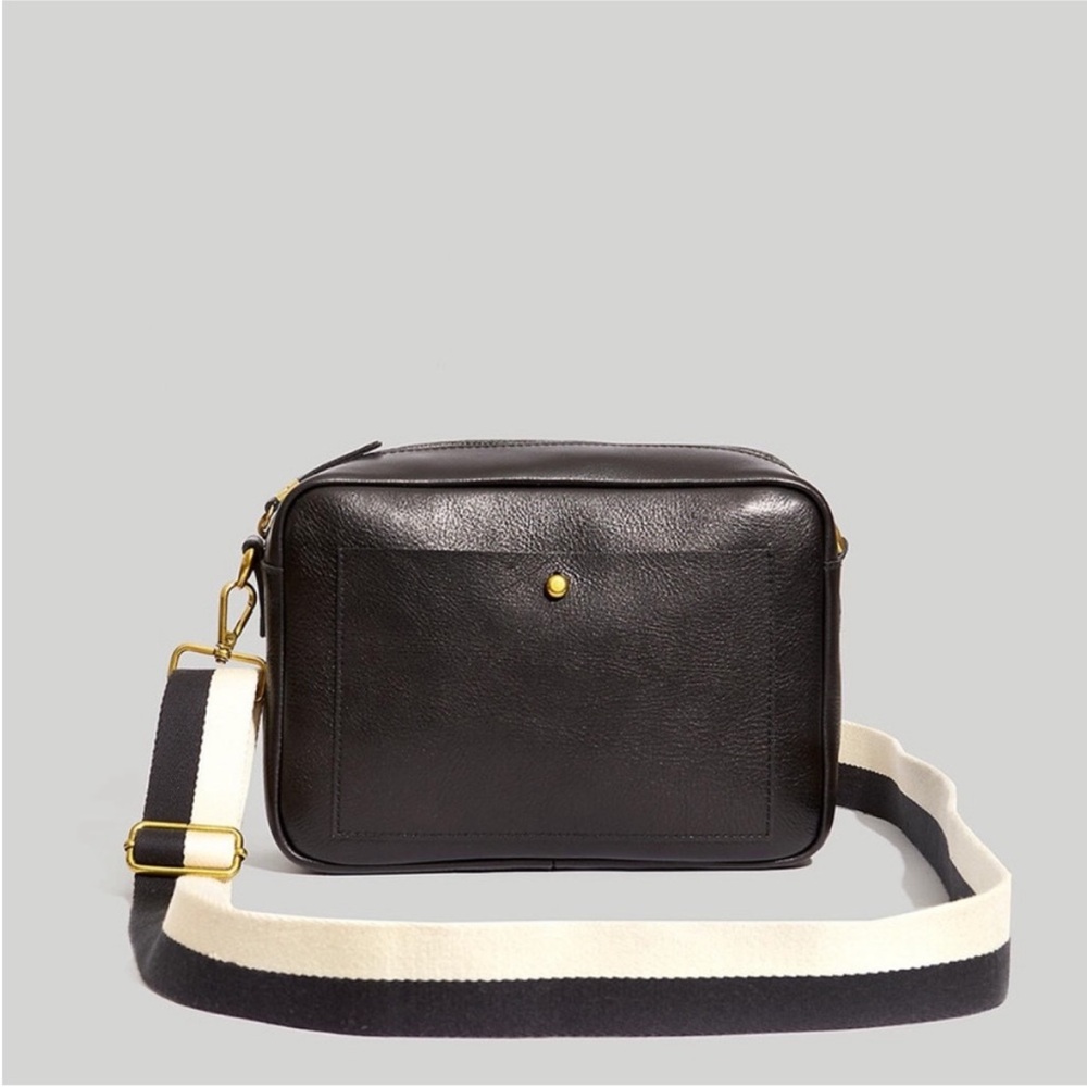 Madewell Black Leather Crossbody Bag with Striped Canvas Strap